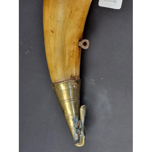 741 - A brass and wood mounted powder horn, 29cm.