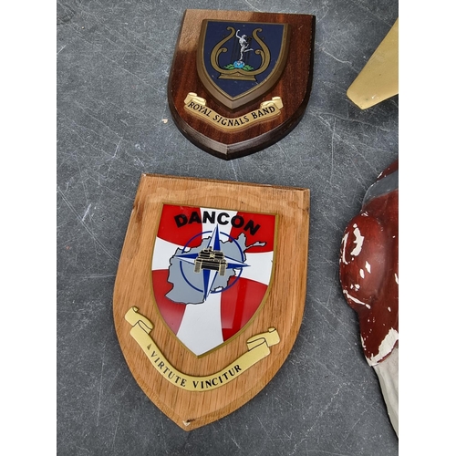 749 - A quantity of assorted mess plaques; together with a painted plaster pilot wall plaque and a brass p... 