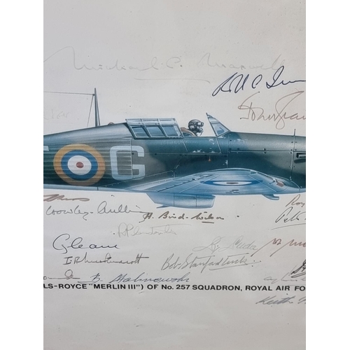 772 - A coloured print of a Hawker Hurricane 1, of No.22257 Squadron RAF 1940, signed by Bob Stanford Tuck... 