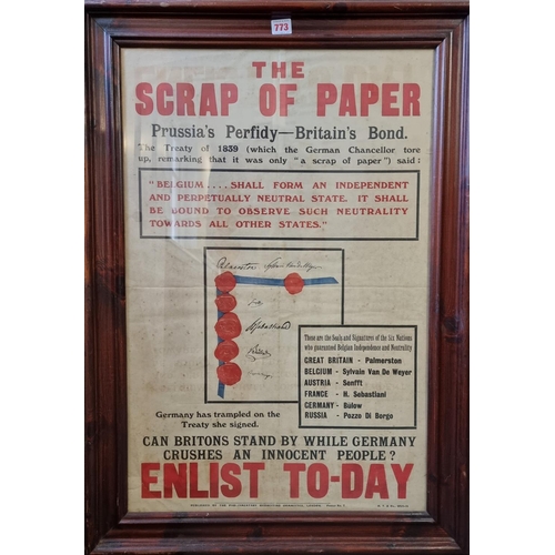 773 - WWI Recruiting Poster, 'The Scrap Of Paper... Enlist Today', printed by Hanbury, Tomsett & Co., ... 