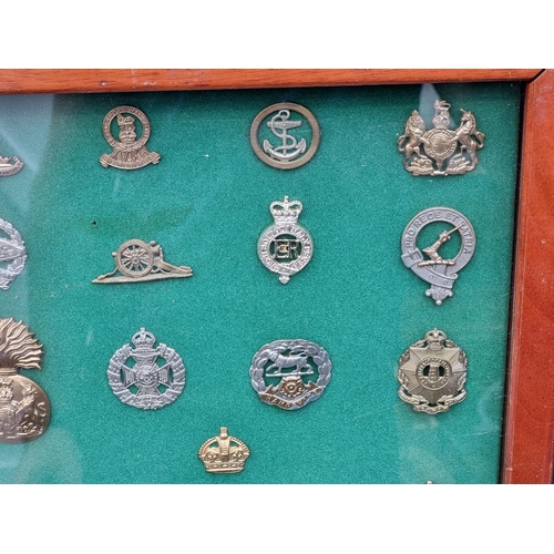 778 - A framed display of fifty-four military cap badges, 48 x 70cm