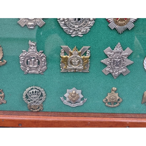 778 - A framed display of fifty-four military cap badges, 48 x 70cm