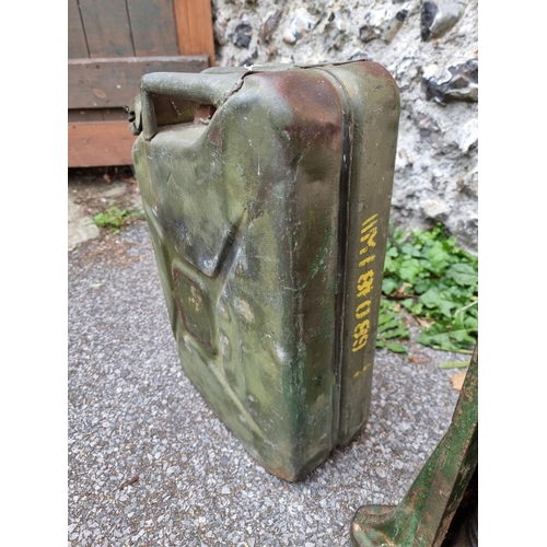 785 - A five ton jack; together with a military jerry; can and a WWII entrenching tool. (3)... 