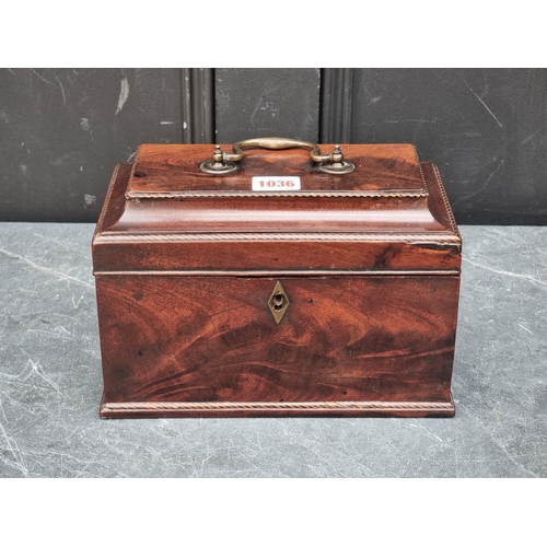 1036 - A George III mahogany and chequer strung tea caddy, with concealed lateral drawer, the interior inco... 