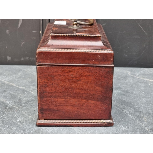 1036 - A George III mahogany and chequer strung tea caddy, with concealed lateral drawer, the interior inco... 