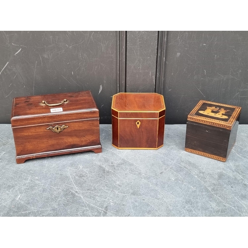 1037 - Two George III mahogany tea caddies, largest 24cm wide; together with another Sorrento ware example.... 