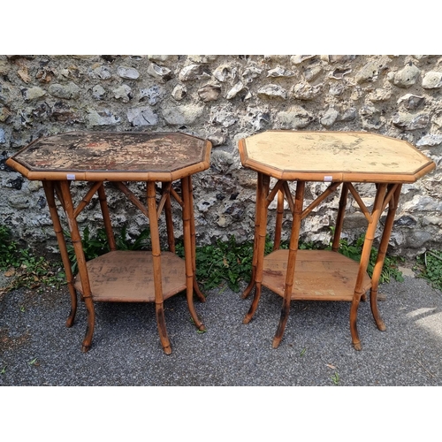 1078 - A pair of Victorian bamboo occasional tables, 64cm wide, (decoration distressed); together with a Vi... 