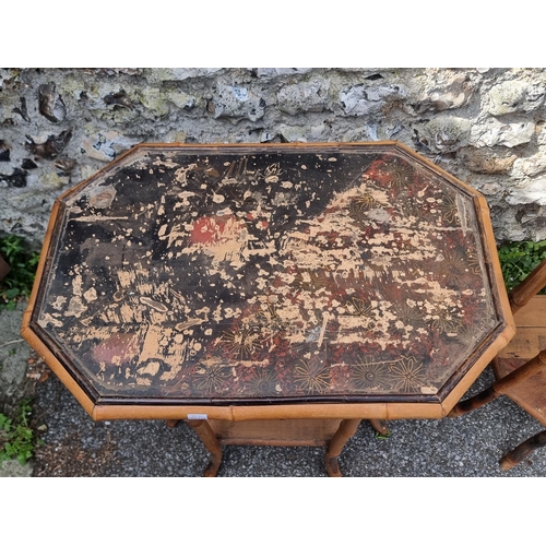 1078 - A pair of Victorian bamboo occasional tables, 64cm wide, (decoration distressed); together with a Vi... 