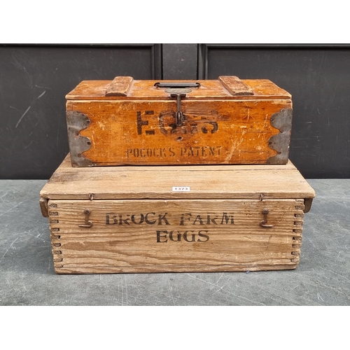 1373 - Advertising: two old pine egg crates, one inscribed 'Brock Farm, Stock, Essex', 49cm wide; the other... 