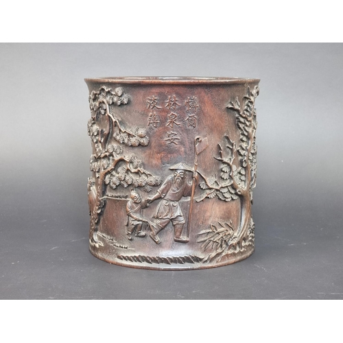 1378 - A Chinese carved hardwood brush pot, Qing, probably zitan, inscribed, relief carved and pierced with... 