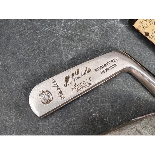 1419 - Of Golfing Interest: a vintage M.J. Lewis 'Perfect Putter', with greenheart shaft; together with ano... 