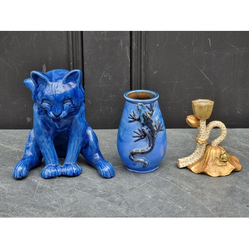 1424 - A Brannam Pottery cat, 18.5cm high; together with a Baron Barnstaple Lizard vase, 13cm high; and a R... 