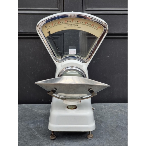 1715A - A set of Avery white enamel weighing scales.