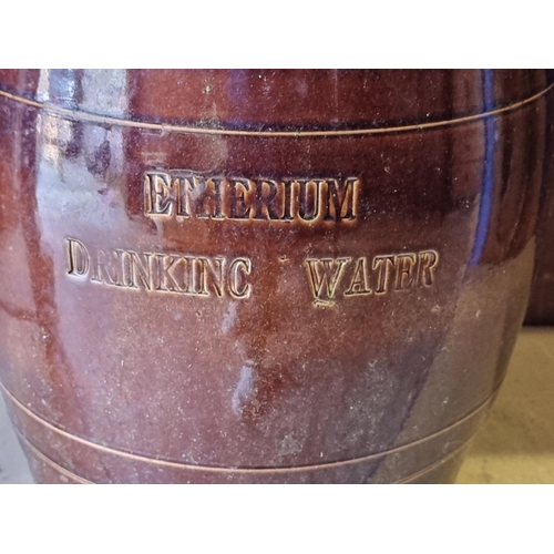 1727 - A Victorian brown glazed 'Etherium Drinking Water' barrel, 42cm high.