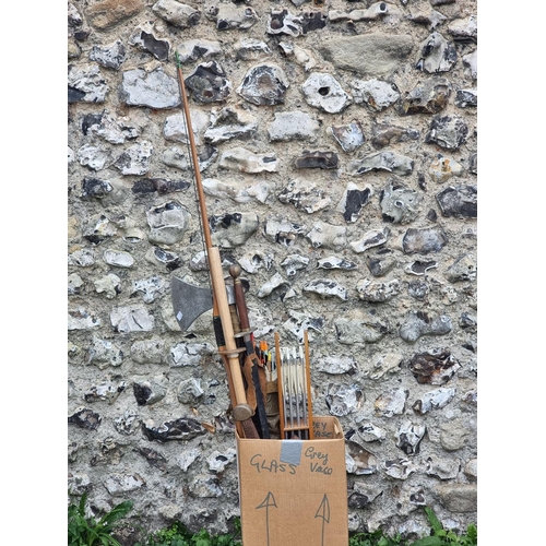 1730 - An old Slazenger archery bow, with two quivers of arrows; together with various reproduction sw... 