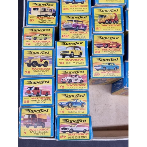 169 - Matchbox: a collection of 34 boxed 'Superfast' vehicles, to include No.6 with a rare green baseplate... 