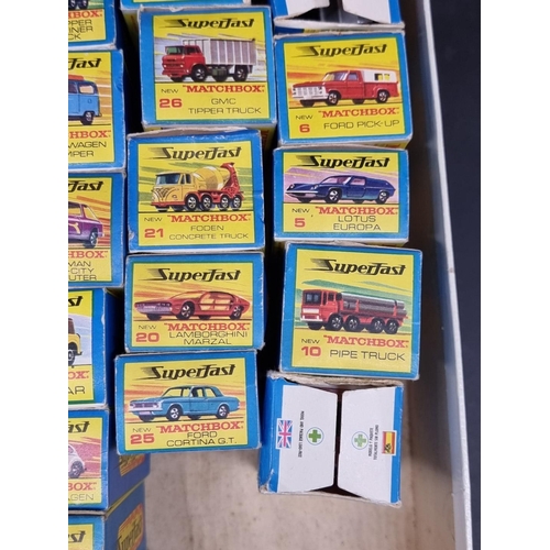 169 - Matchbox: a collection of 34 boxed 'Superfast' vehicles, to include No.6 with a rare green baseplate... 