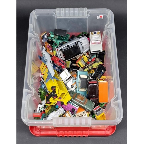 206 - Diecast: a box of playworn diecast vehicles, to include examples by Matchbox, Corgi, and simila... 