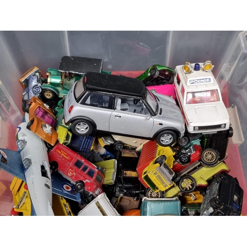 206 - Diecast: a box of playworn diecast vehicles, to include examples by Matchbox, Corgi, and simila... 