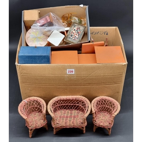 220 - Dolls House Furniture: a box of vintage wooden and plastic doll and dolls house furniture, various s... 