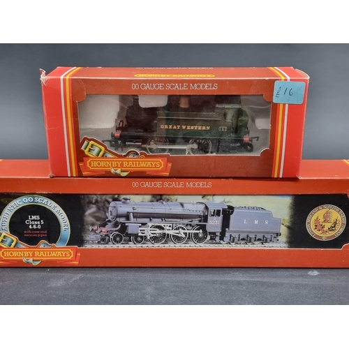 44 - Hornby: a boxed Class 5 LMS locomotive; together with another GWR tank loco; and five goods wagons, ... 