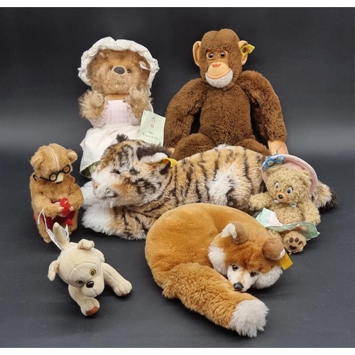 53 - Steiff: four various examples, to include Miss Tiggy-Winkle; together with three other soft toy... 