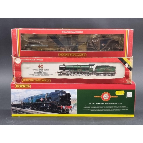 65 - Hornby: three boxed locomotives, to include a Merchant Navy Class 'Clan Line', R2169, and a GWR... 