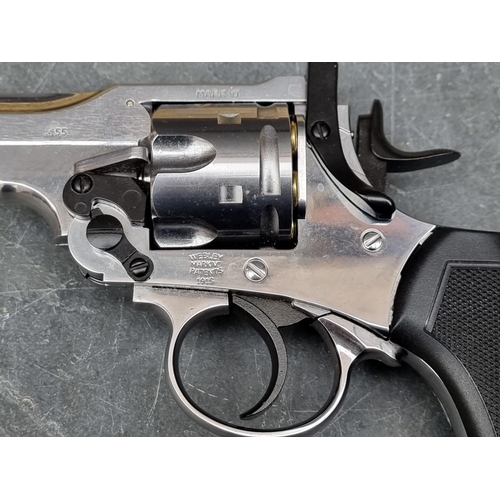 574 - A Webley Mk VI nickel plated 0.177 cal 'service revolver' CO2 air pistol, with rifled barrel and six... 