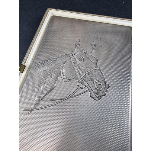 67 - A silver engine turned cigarette case, engraved horse's head, by A Wilcox, Birmingham 1938, in Aspre... 