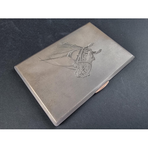 67 - A silver engine turned cigarette case, engraved horse's head, by A Wilcox, Birmingham 1938, in Aspre... 