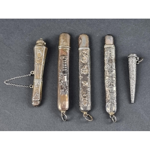 160 - Four white metal pendant bodkin cases, stamped 'Sterling'; together with another similar bodkin case... 