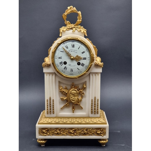 1109 - A good 19th century French white marble and gilt bronze mantel clock, in Louis XVI style, the enamel... 