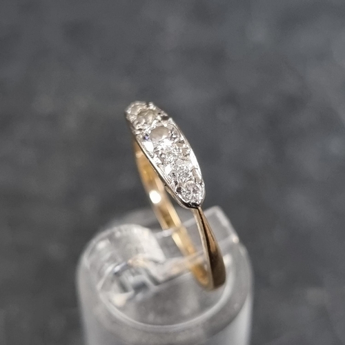 265 - A yellow metal diamond five stone ring, stamped '18ct', set central old cut diamond and four single ... 