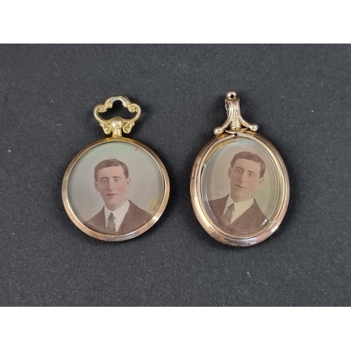 304 - A 9ct gold portrait pendant, Chester 1913, 26mm diameter; together with another similar yellow metal... 