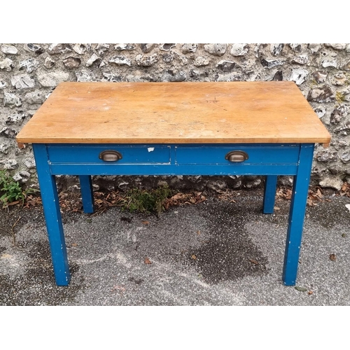 1022 - An old pine and painted kitchen table, with two frieze drawers to one side, 122cm wide.... 