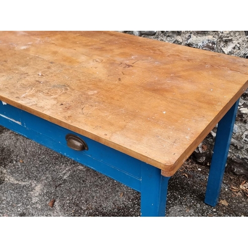 1022 - An old pine and painted kitchen table, with two frieze drawers to one side, 122cm wide.... 