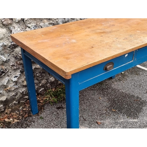 1022 - An old pine and painted kitchen table, with two frieze drawers to one side, 122cm wide.... 