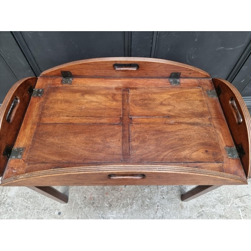 1047 - An old mahogany folding butler's tray, 80cm wide, on stand.