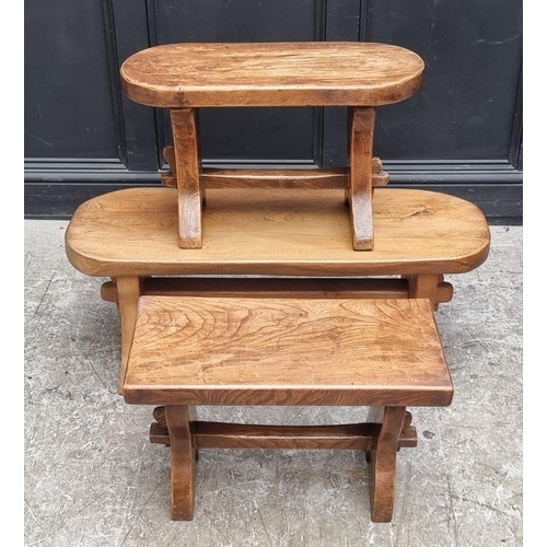 1048 - Three similar elm rustic stools, largest 99cm wide.