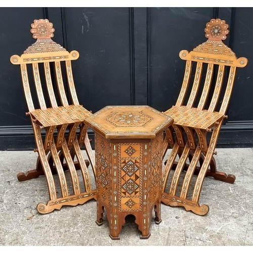 1078 - A Moorish parquetry and bone hexagonal occasional table, 47.5cm wide; together with a similar pair o... 