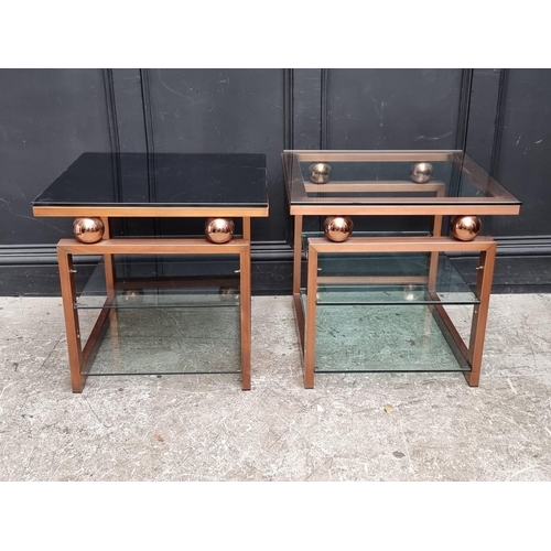 1082 - A pair of lacquered brass and glass square low tables, 60cm wide.