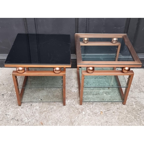 1082 - A pair of lacquered brass and glass square low tables, 60cm wide.