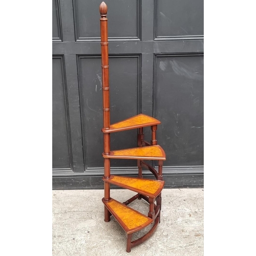 1084 - A set of mahogany and burr walnut spiral four tread library steps, 159cm high.