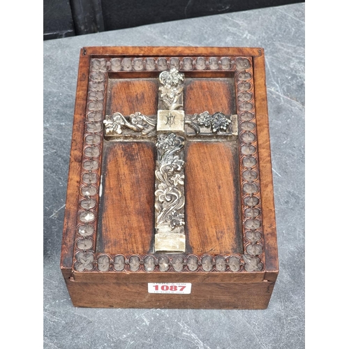 1087 - A 19th century solid mahogany box, the sliding top applied with a cross, 19.5cm wide; together ... 