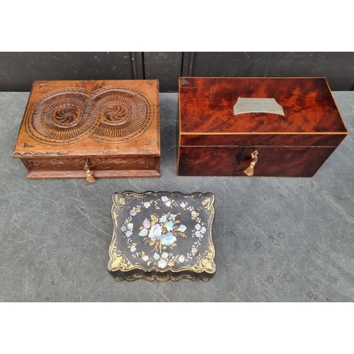 1100 - A 19th century mahogany and line inlaid tea caddy, bearing plaque inscribed 'Major Michael Henry Wis... 