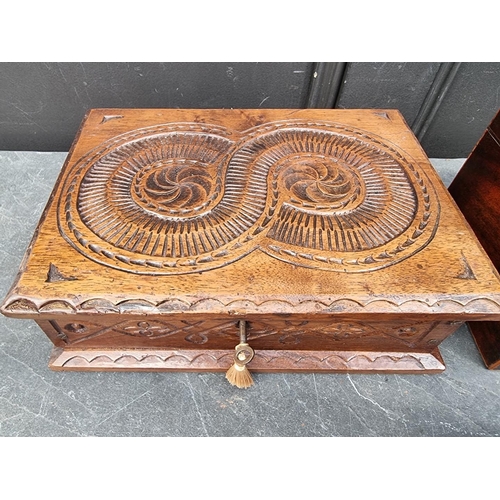 1100 - A 19th century mahogany and line inlaid tea caddy, bearing plaque inscribed 'Major Michael Henry Wis... 