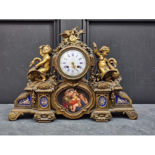 1121 - An impressive late 19th century gilt bronze and porcelain panel mantel clock, the enamel dial inscri... 