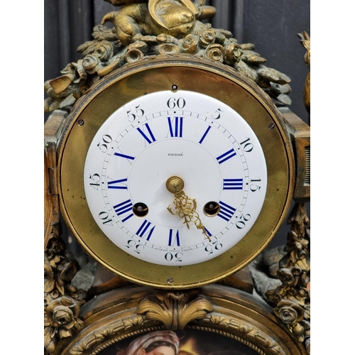 1121 - An impressive late 19th century gilt bronze and porcelain panel mantel clock, the enamel dial inscri... 