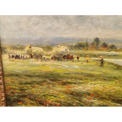 1168 - English School, early 20th century, a riverside hay harvest, indistinctly signed, oil on canvas, 23 ... 