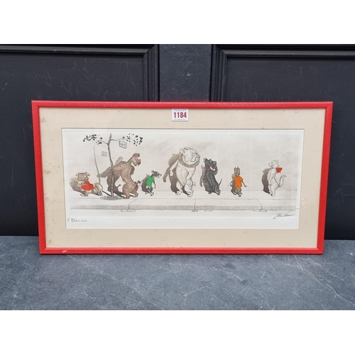 1184 - Boris O'Klein, a dog cartoon, signed and titled, engraving, pl.16 x 44cm.